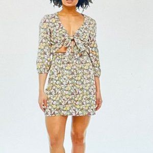 BeBop Tie-Front Smocked Waist Dress With Navy/Yellow Floral (Jr. M) New w/Tags